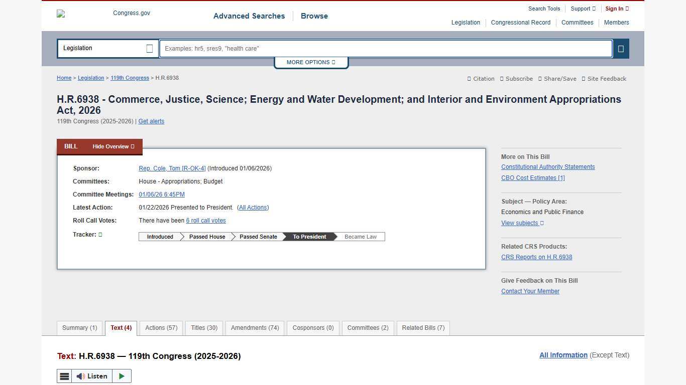 Text - H.R.6938 - 119th Congress (2025-2026): Commerce, Justice, Science; Energy and Water Development; and Interior and Environment Appropriations Act, 2026 Congress.gov Library of Congress