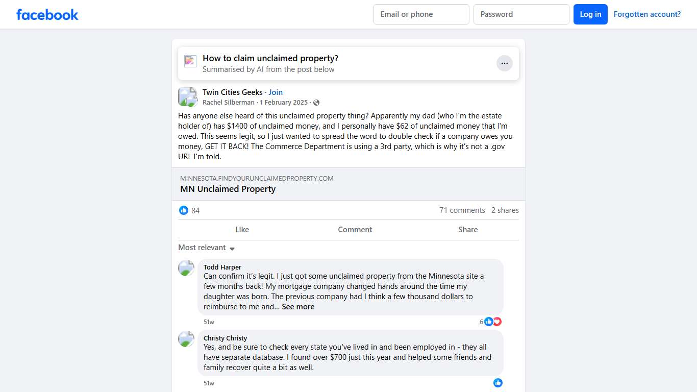 Twin Cities Geeks Has anyone else heard of this unclaimed property thing Facebook